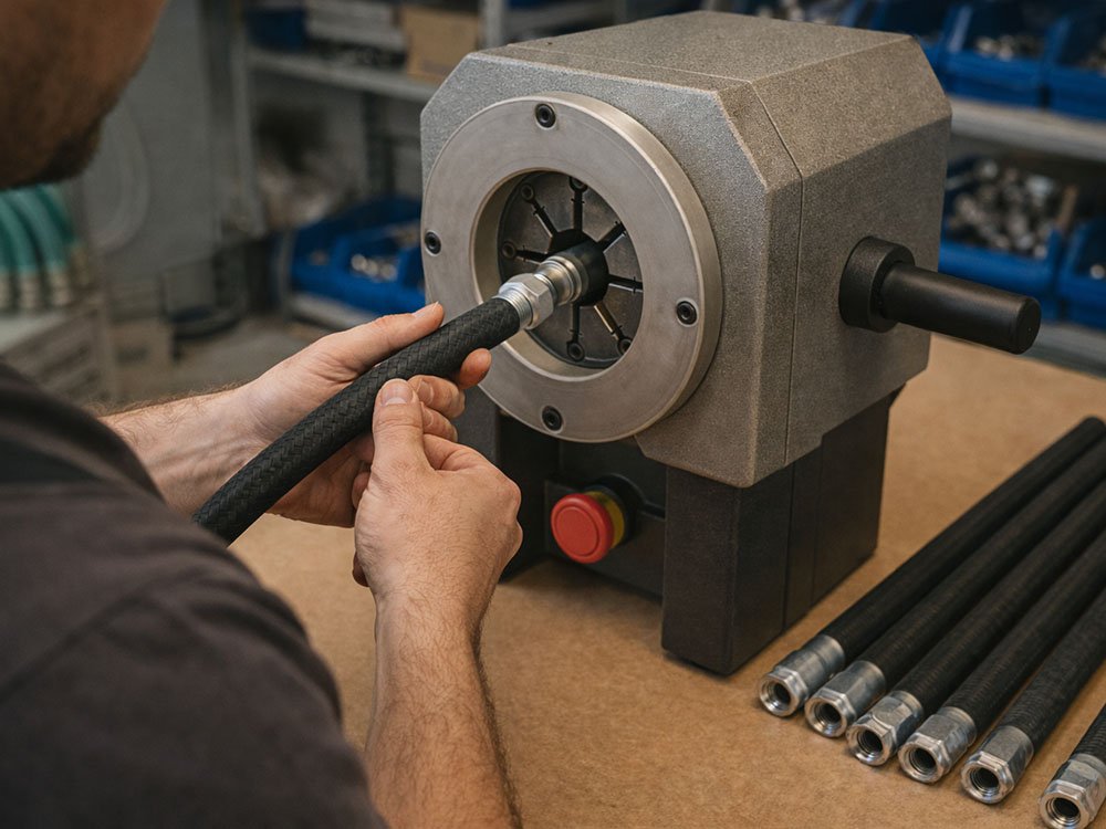 Hydraulikschlauch wird an einer modernen Pressmaschine angefertigt